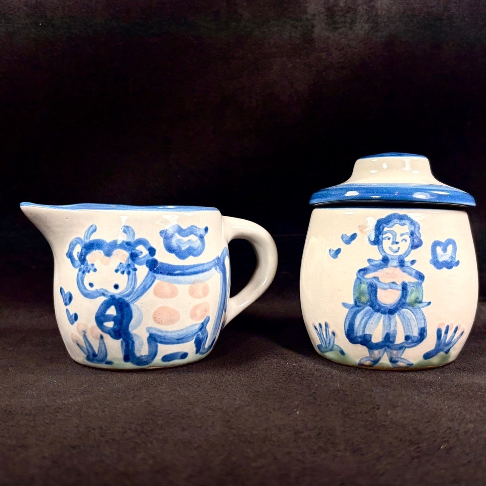 M A Hadley Pottery‎ Sugar and Creamer Set with Cow and Farmer's Wife Designs